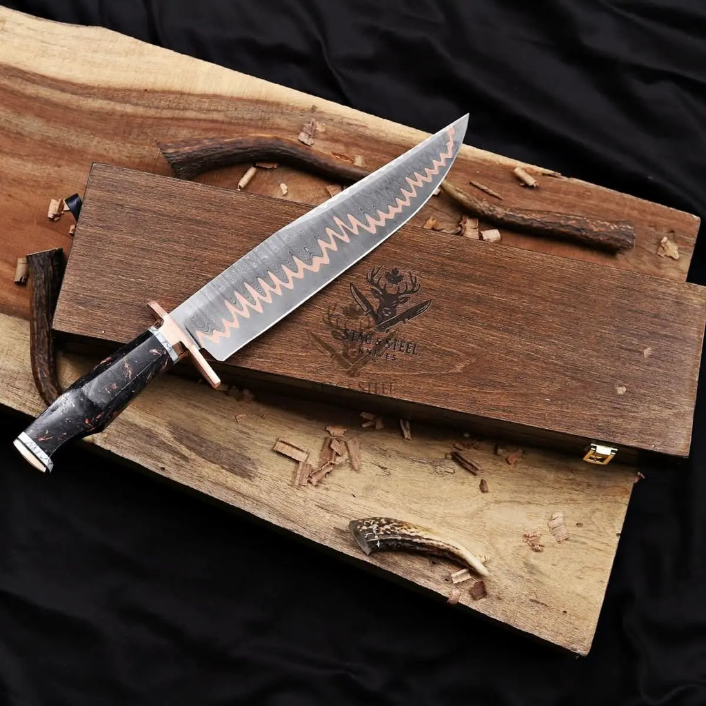 Copper Damascus Bowie Knife - 11” Blade with Copper Guard StagSteelKnives