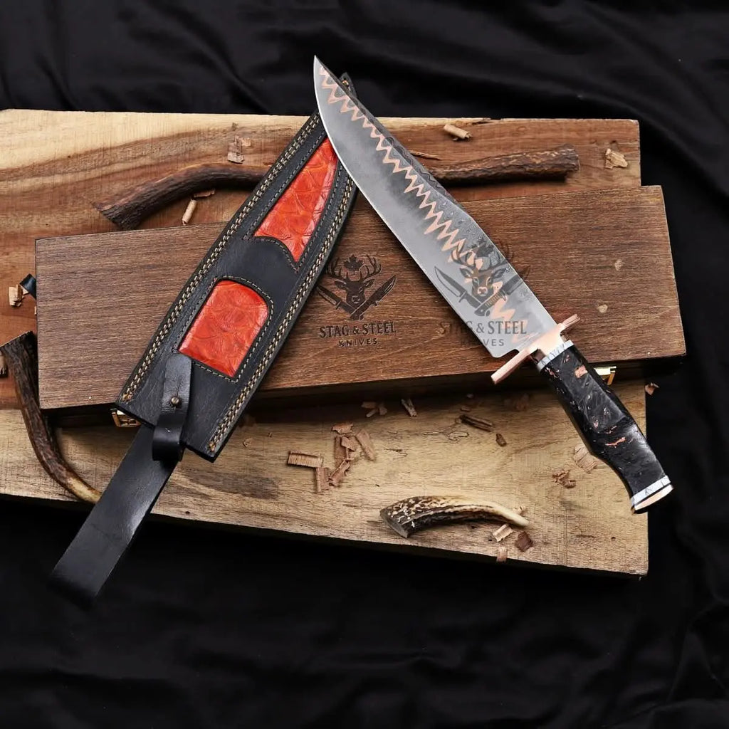 Copper Damascus Bowie Knife - 11” Blade with Copper Guard StagSteelKnives