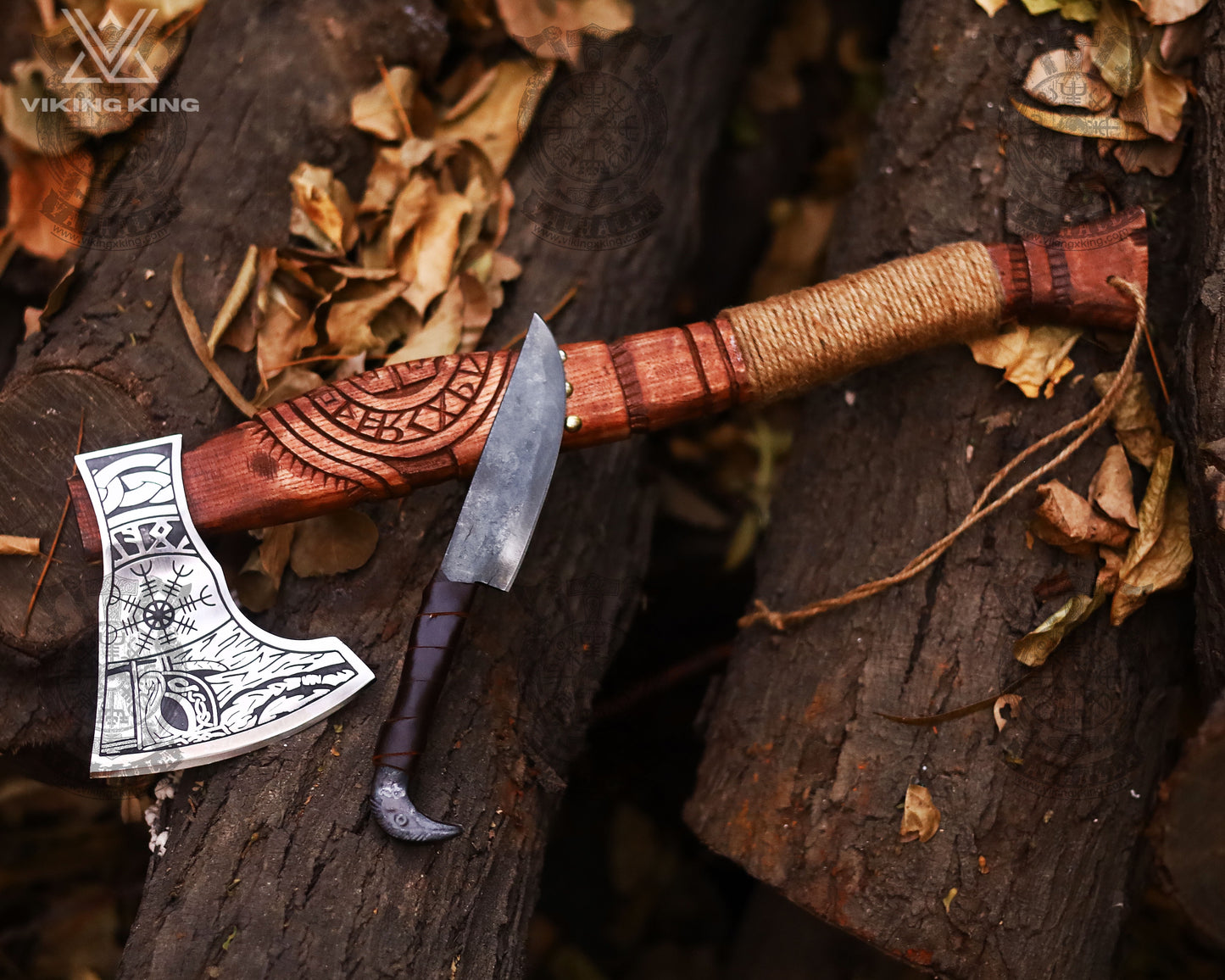 HANDMADE BATTLE AXE WITH ETCHED NORSE SYMBOLS with Raven Knife