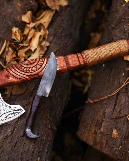 HANDMADE BATTLE AXE WITH ETCHED NORSE SYMBOLS with Raven Knife