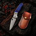 7.5′ Handmade Damascus Steel Pocket Knife with Leather Sheath Blue Honey Comb handle & Eagle Engraved Bolster | EG-001-BL