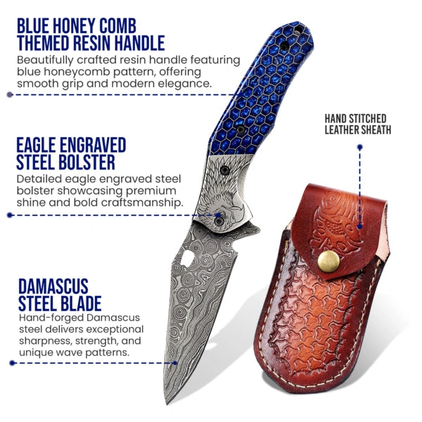 7.5′ Handmade Damascus Steel Pocket Knife with Leather Sheath Blue Honey Comb handle & Eagle Engraved Bolster | EG-001-BL