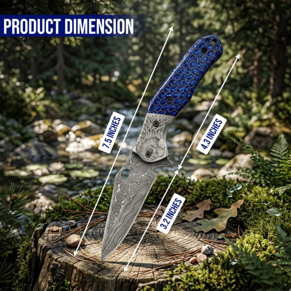 7.5′ Handmade Damascus Steel Pocket Knife with Leather Sheath Blue Honey Comb handle & Eagle Engraved Bolster | EG-001-BL