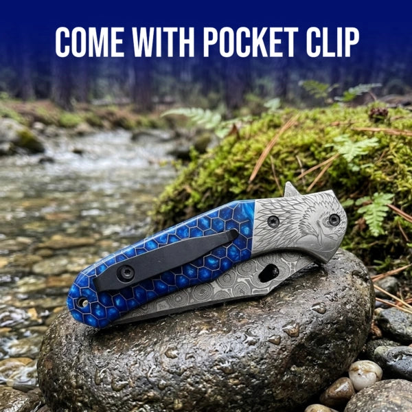 7.5′ Handmade Damascus Steel Pocket Knife with Leather Sheath Blue Honey Comb handle & Eagle Engraved Bolster | EG-001-BL