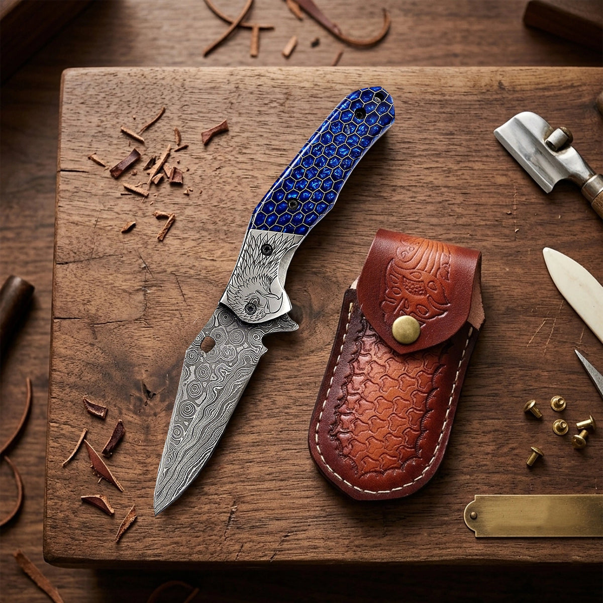 7.5′ Handmade Damascus Steel Pocket Knife with Leather Sheath Blue Honey Comb handle & Eagle Engraved Bolster | EG-001-BL