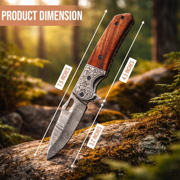 7.5′ Handmade Damascus Steel Pocket Knife with Leather Sheath Walnut Wood Handle & Engraved Steel Bolster | FL-001-WD