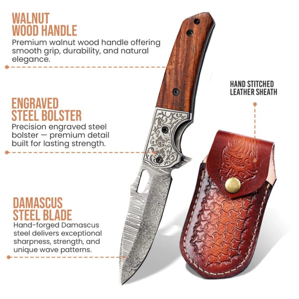 7.5′ Handmade Damascus Steel Pocket Knife with Leather Sheath Walnut Wood Handle & Engraved Steel Bolster | FL-001-WD