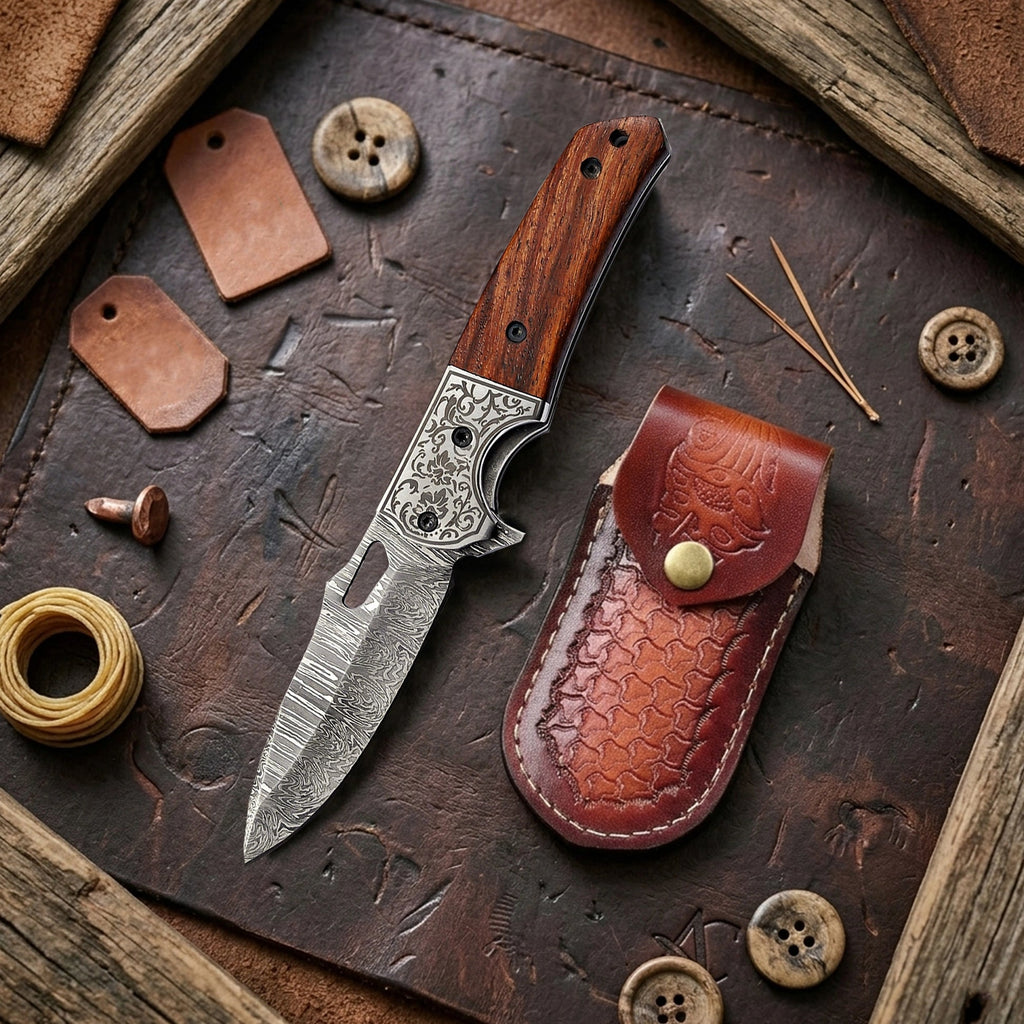 7.5′ Handmade Damascus Steel Pocket Knife with Leather Sheath Walnut Wood Handle & Engraved Steel Bolster | FL-001-WD