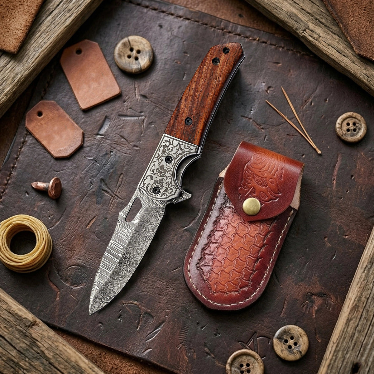 7.5′ Handmade Damascus Steel Pocket Knife with Leather Sheath Walnut Wood Handle & Engraved Steel Bolster | FL-001-WD