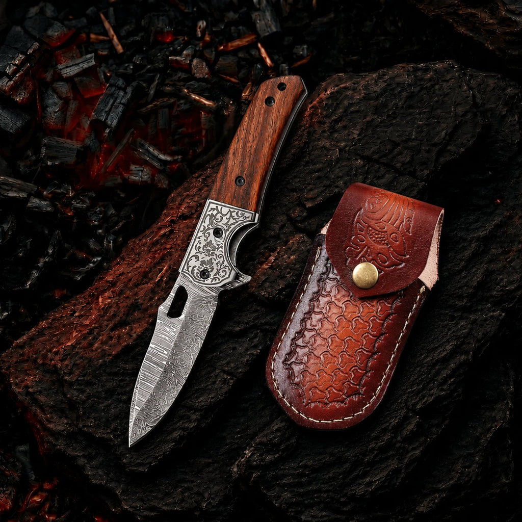 7.5′ Handmade Damascus Steel Pocket Knife with Leather Sheath Walnut Wood Handle & Engraved Steel Bolster | FL-001-WD