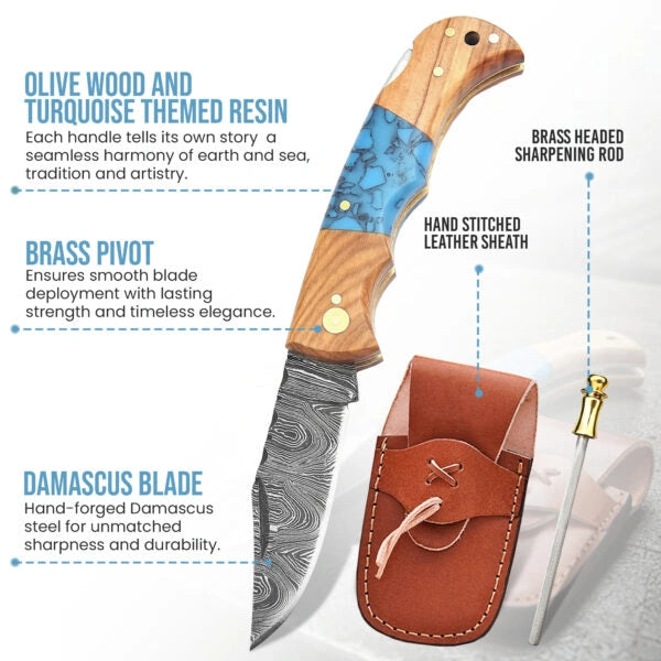 6.5′ Handmade Damascus Steel Pocket Knife with Leather Sheath | FOR-001