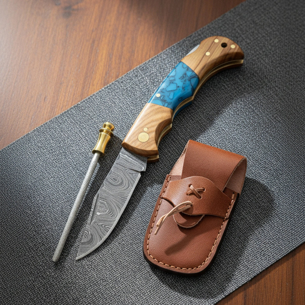6.5′ Handmade Damascus Steel Pocket Knife with Leather Sheath | FOR-001