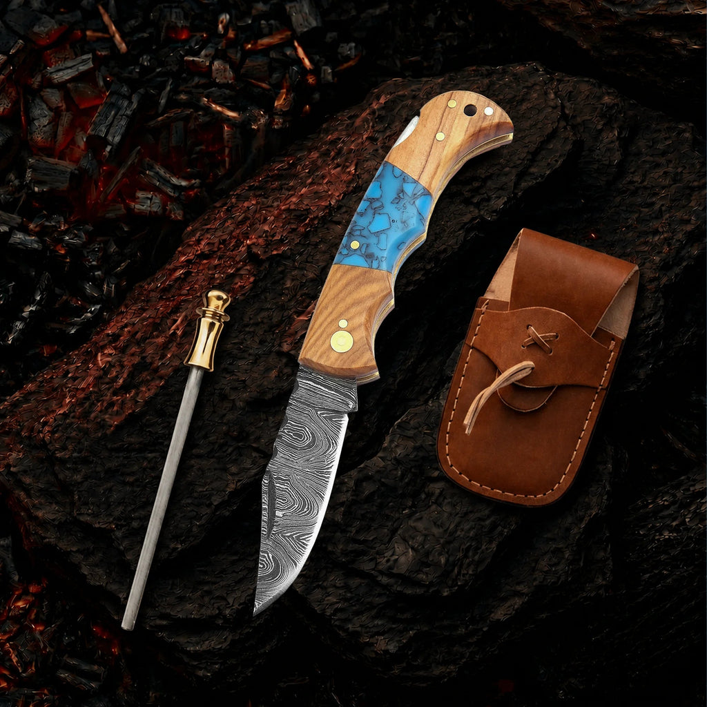 6.5′ Handmade Damascus Steel Pocket Knife with Leather Sheath | FOR-001