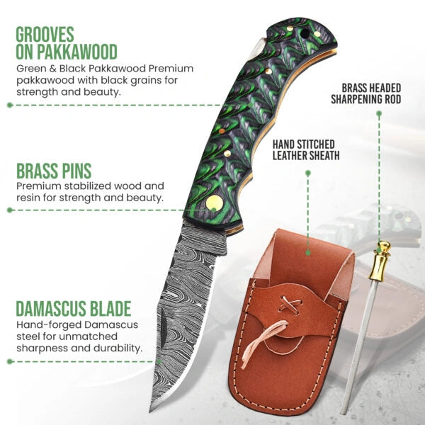 6.5′ Handmade Damascus Steel Pocket Knife with Leather Sheath | GFG-001