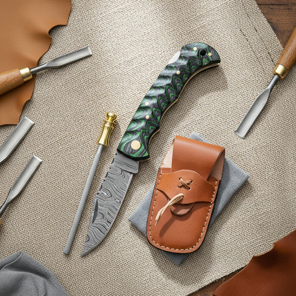 6.5′ Handmade Damascus Steel Pocket Knife with Leather Sheath | GFG-001