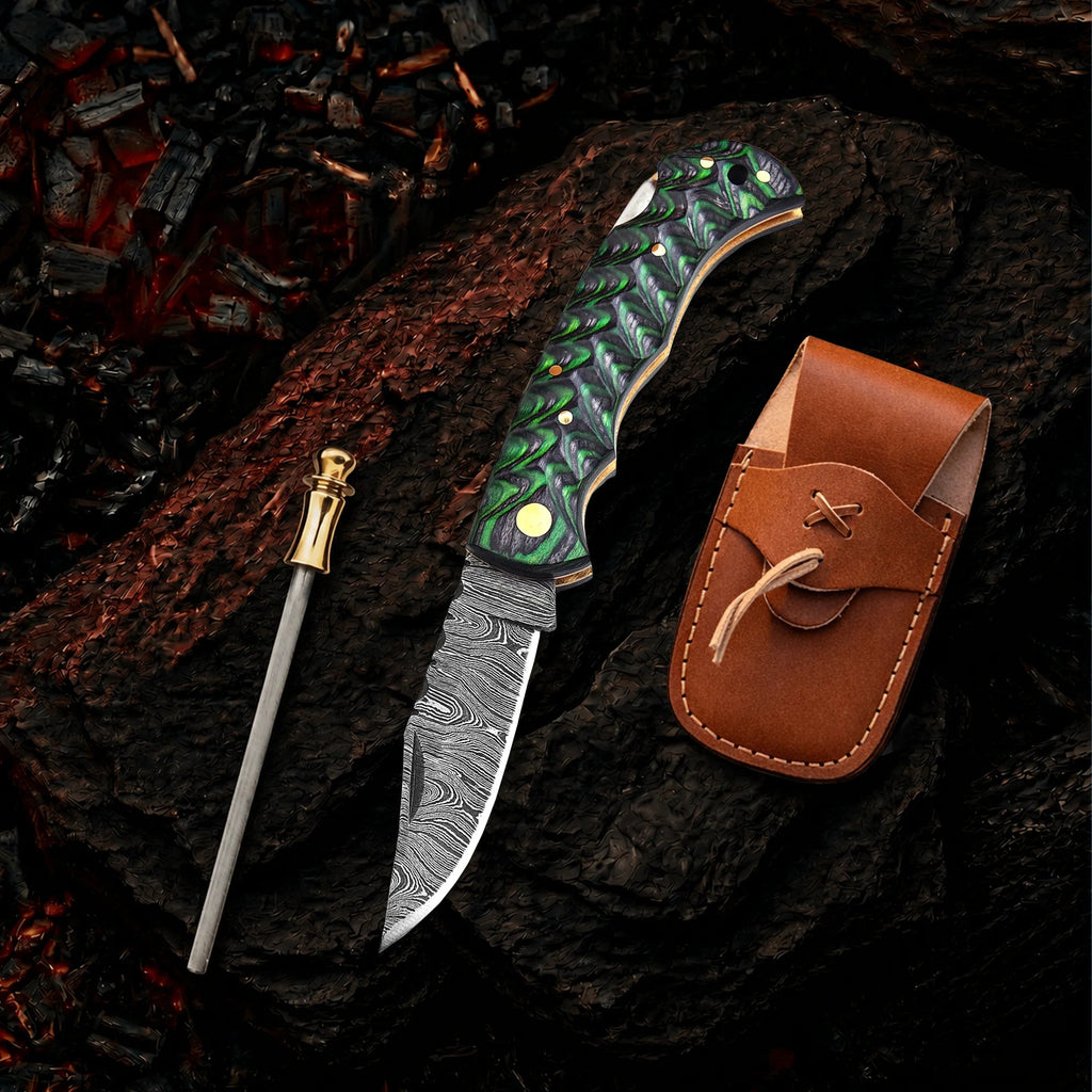 6.5′ Handmade Damascus Steel Pocket Knife with Leather Sheath | GFG-001