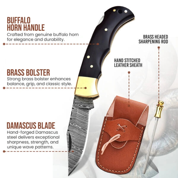 6.5′ Handmade Damascus Steel Pocket Knife with Leather Sheath