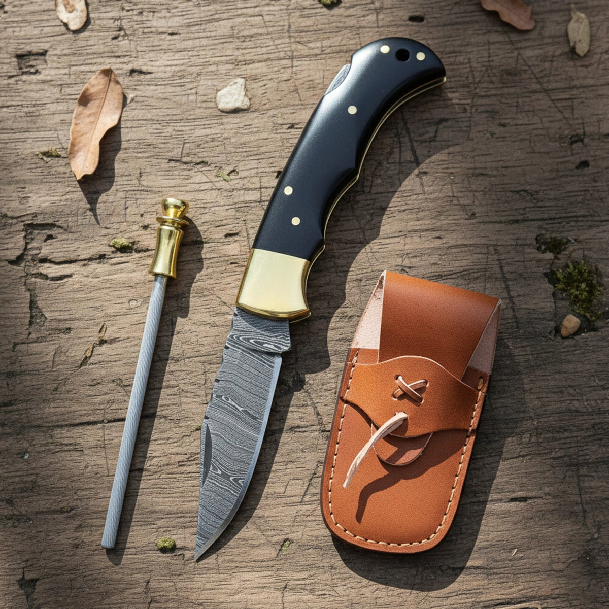 6.5′ Handmade Damascus Steel Pocket Knife with Leather Sheath