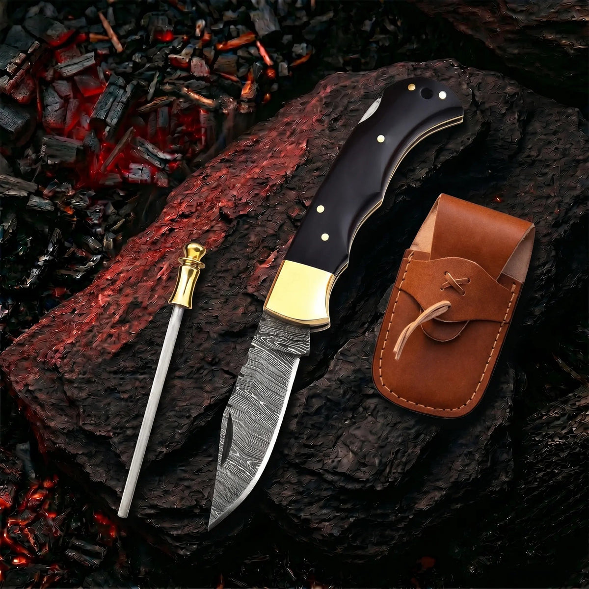 6.5′ Handmade Damascus Steel Pocket Knife with Leather Sheath