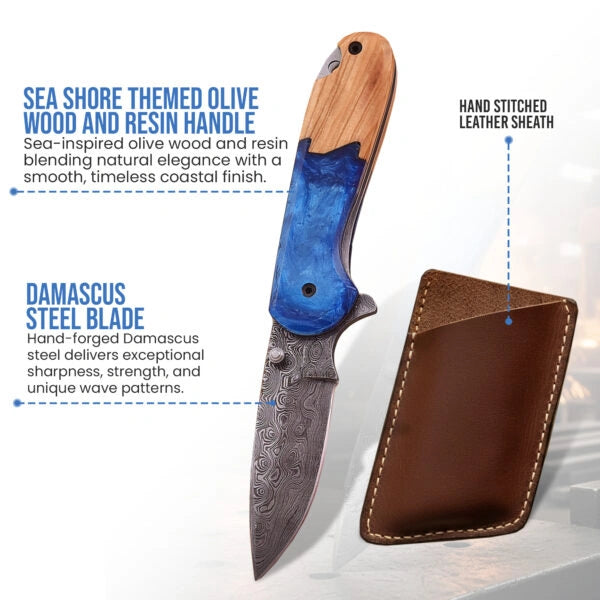 7.0′ Handmade Damascus Steel Pocket Knife with Leather Sheath | HP-001-BL