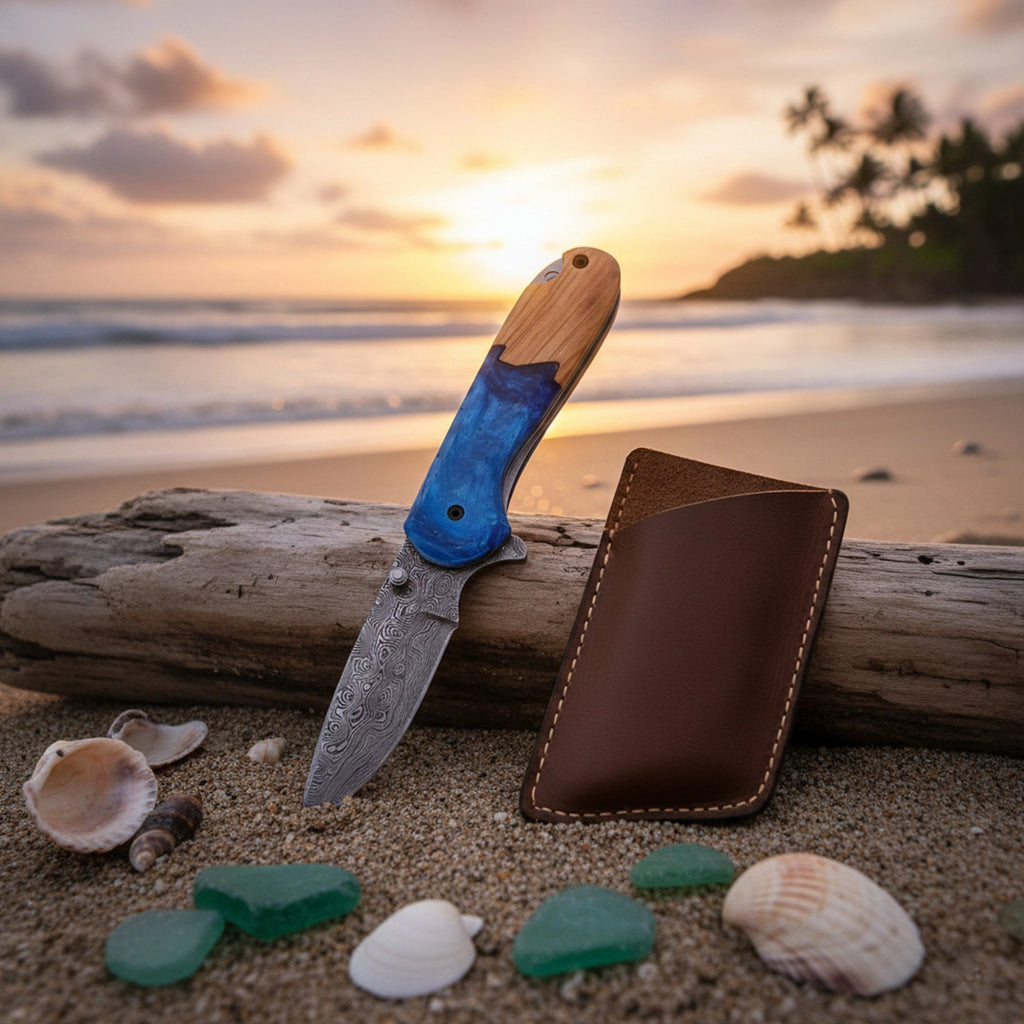 7.0′ Handmade Damascus Steel Pocket Knife with Leather Sheath | HP-001-BL