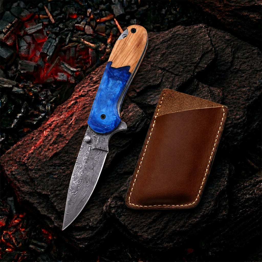 7.0′ Handmade Damascus Steel Pocket Knife with Leather Sheath | HP-001-BL