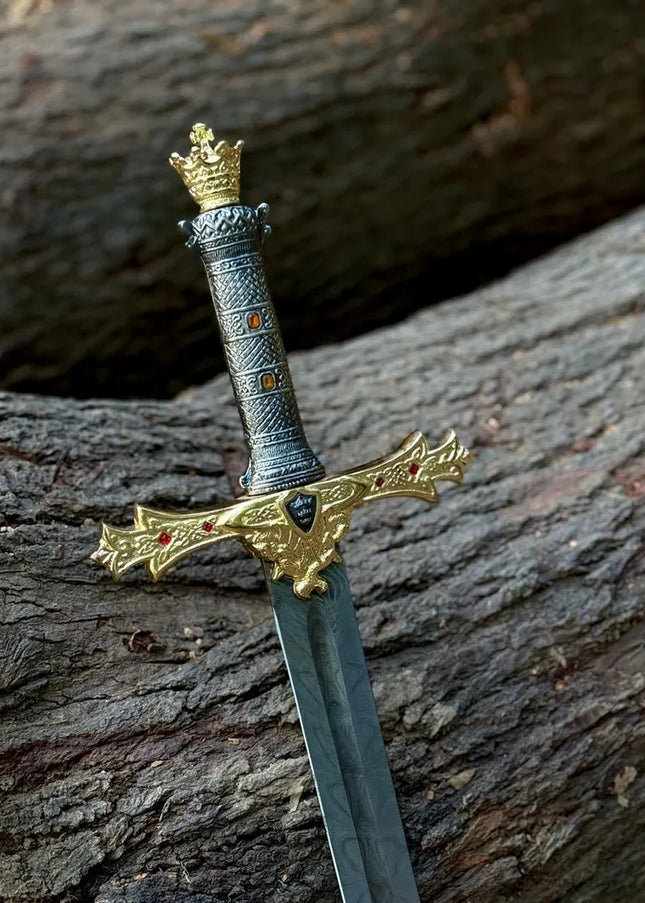 Handmade Damascus Steel King Arthur Excalibur sword Crown Head Merlin Replica sword Medieval Movie Inspired Viking Sword Anniversary Gift