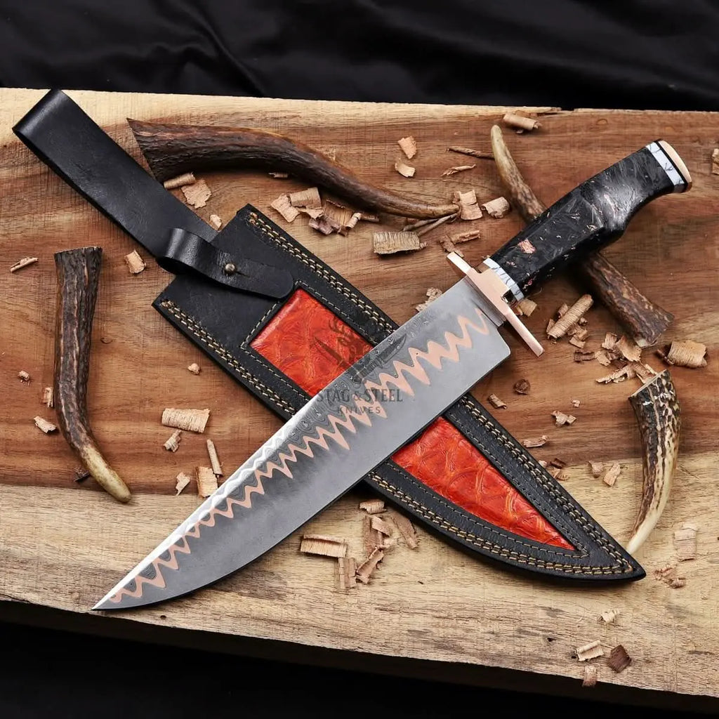 Copper Damascus Bowie Knife - 11” Blade with Copper Guard StagSteelKnives