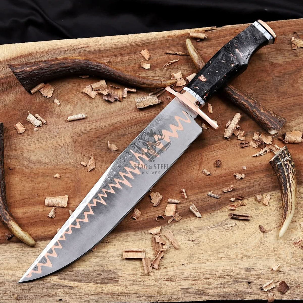 Copper Damascus Bowie Knife - 11” Blade with Copper Guard StagSteelKnives