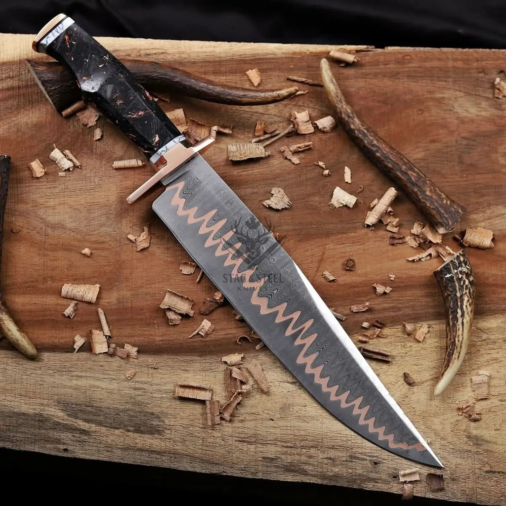 Copper Damascus Bowie Knife - 11” Blade with Copper Guard StagSteelKnives
