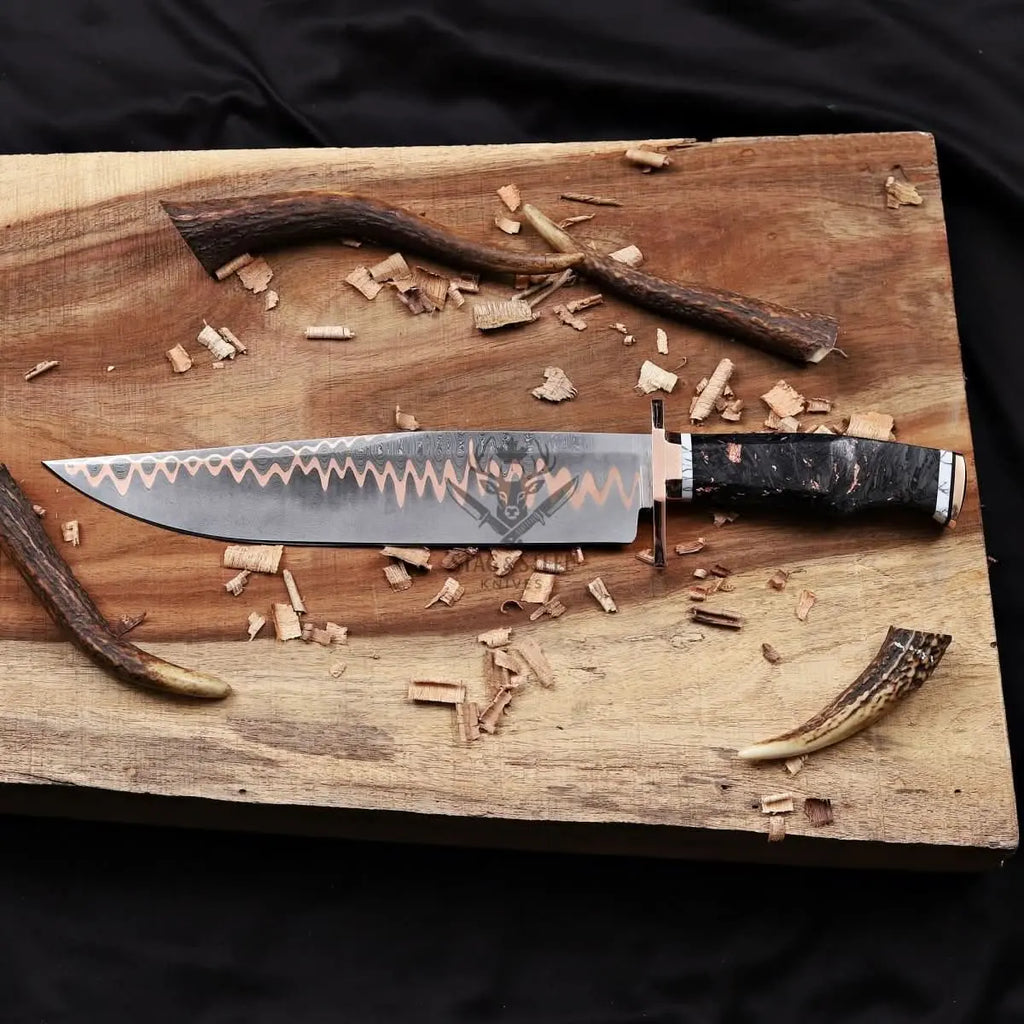 Copper Damascus Bowie Knife - 11” Blade with Copper Guard StagSteelKnives