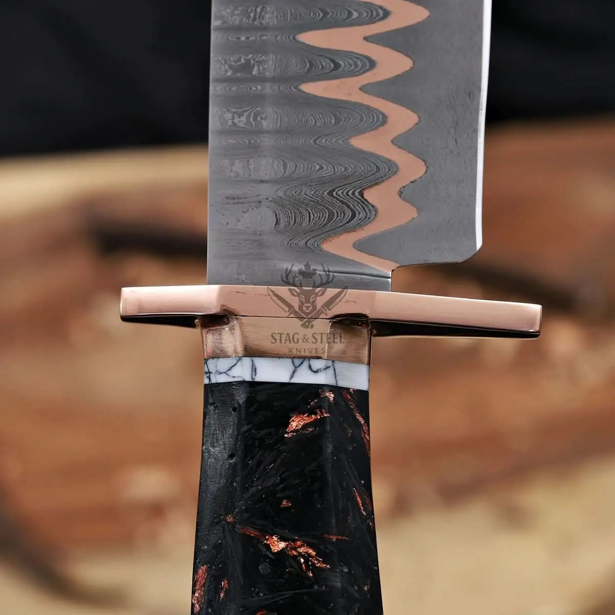 Copper Damascus Bowie Knife - 11” Blade with Copper Guard StagSteelKnives