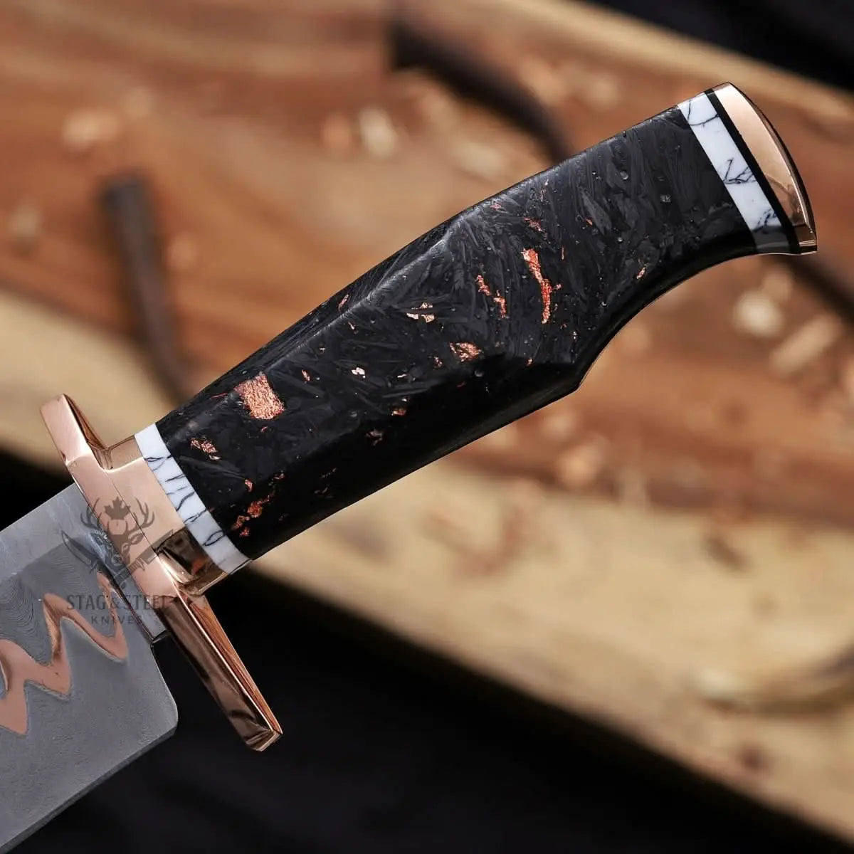 Copper Damascus Bowie Knife - 11” Blade with Copper Guard StagSteelKnives