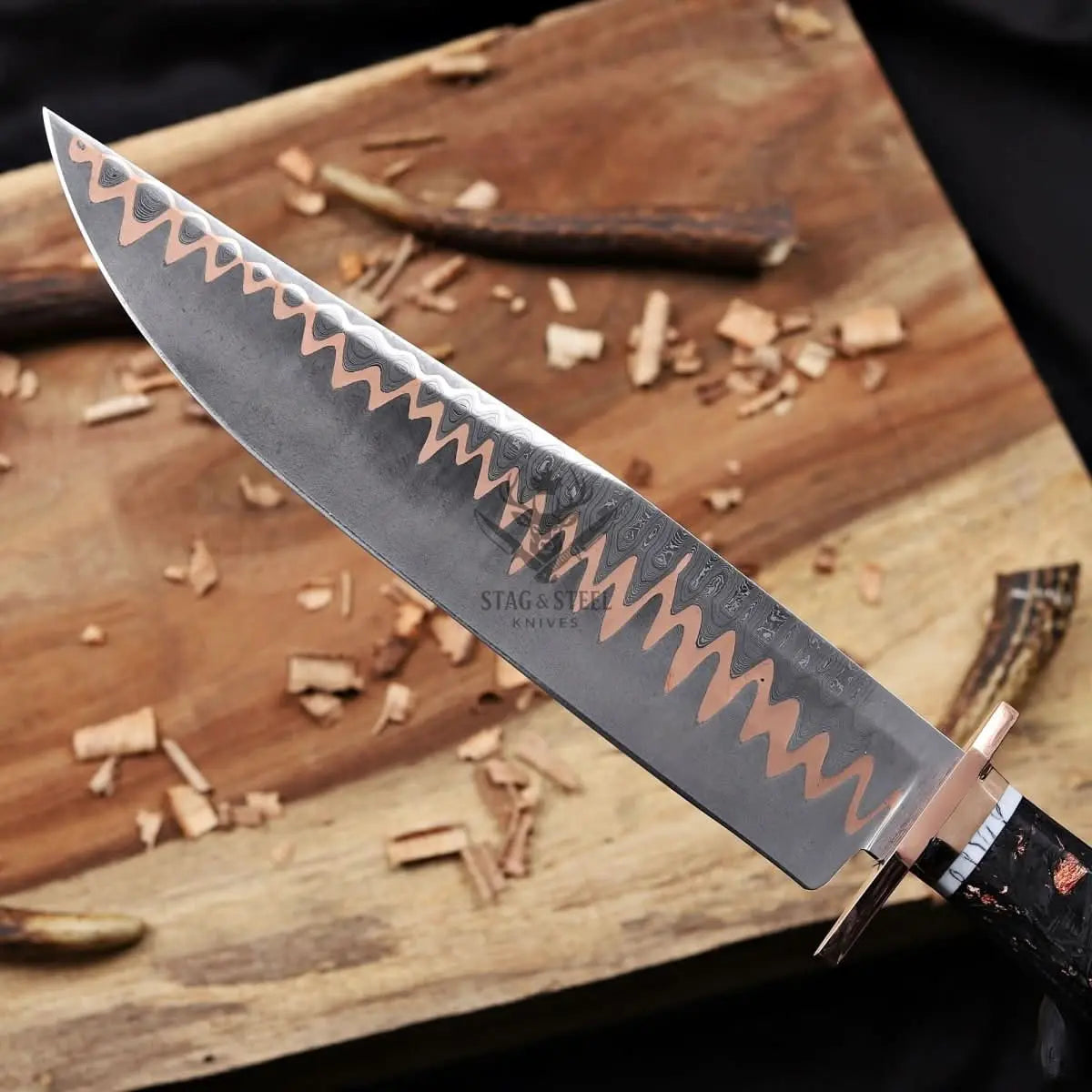 Copper Damascus Bowie Knife - 11” Blade with Copper Guard StagSteelKnives