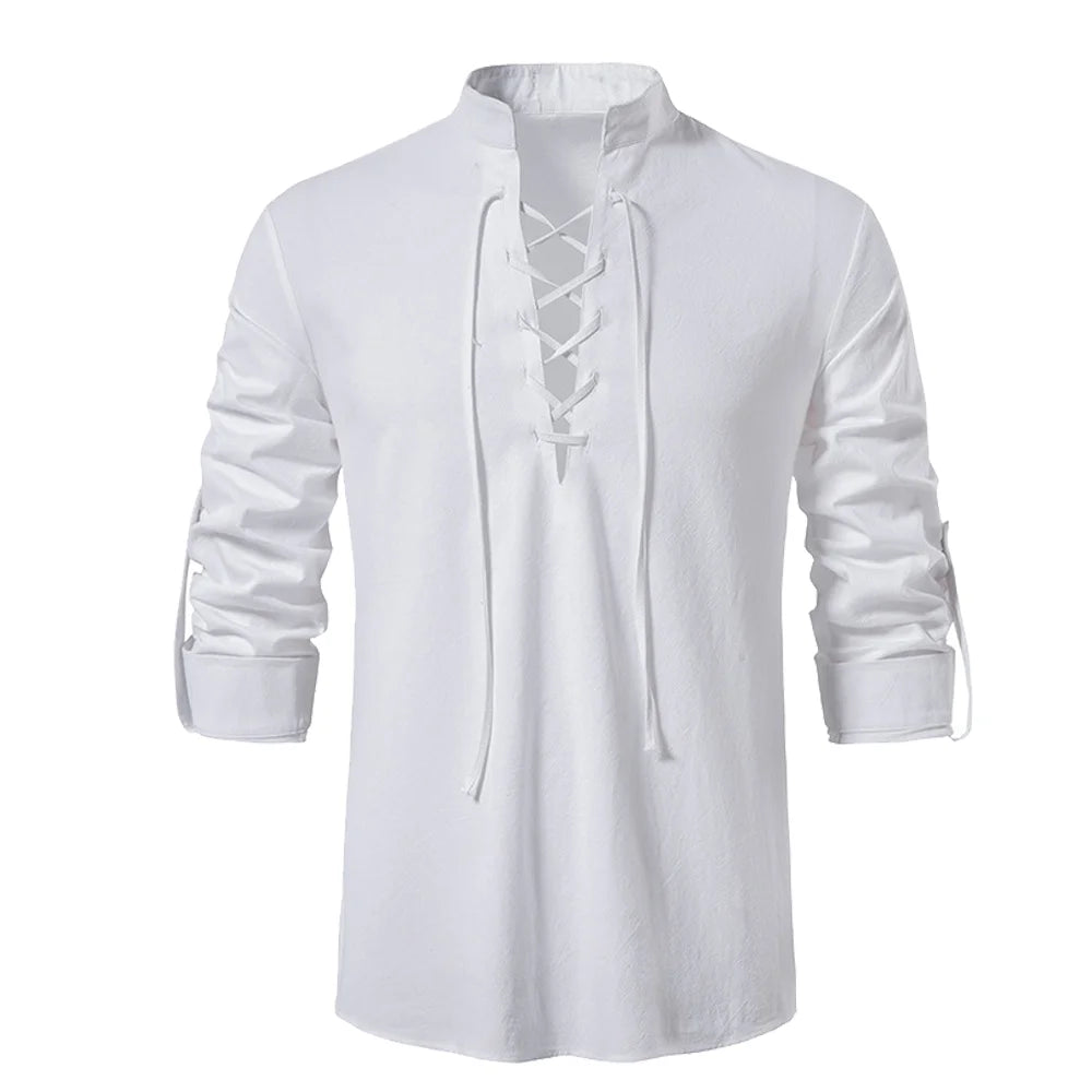 Front view of a men's white long-sleeve Viking tunic with a criss-cross lace-up collar and rolled-up button sleeves, displayed on a solid white background for US historical reenactment enthusiasts.
