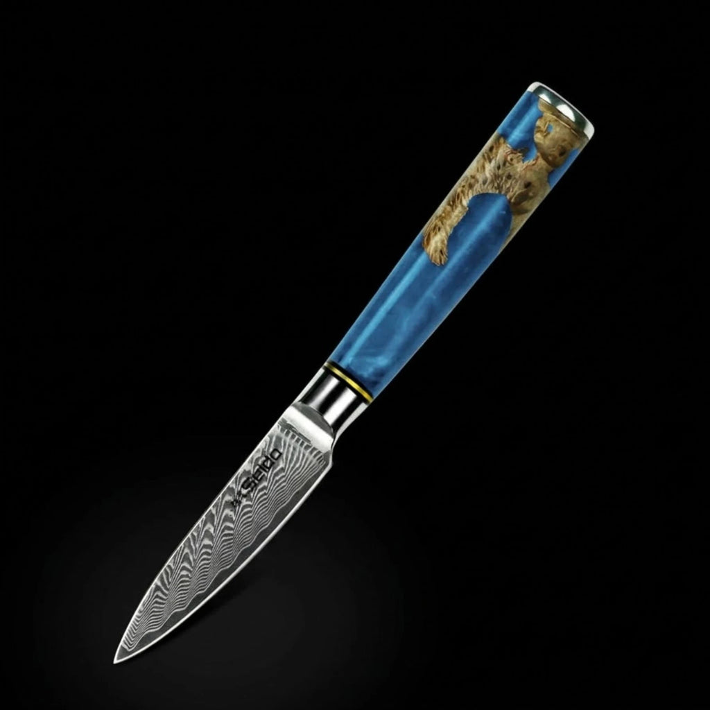 Japanese Damascus Steel Knife Set – Executive 7-Piece VG10, Blue Resin & Wood Handles Forged by Vikings