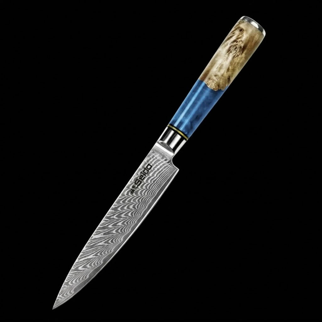 Japanese Damascus Steel Knife Set – Executive 7-Piece VG10, Blue Resin & Wood Handles Forged by Vikings