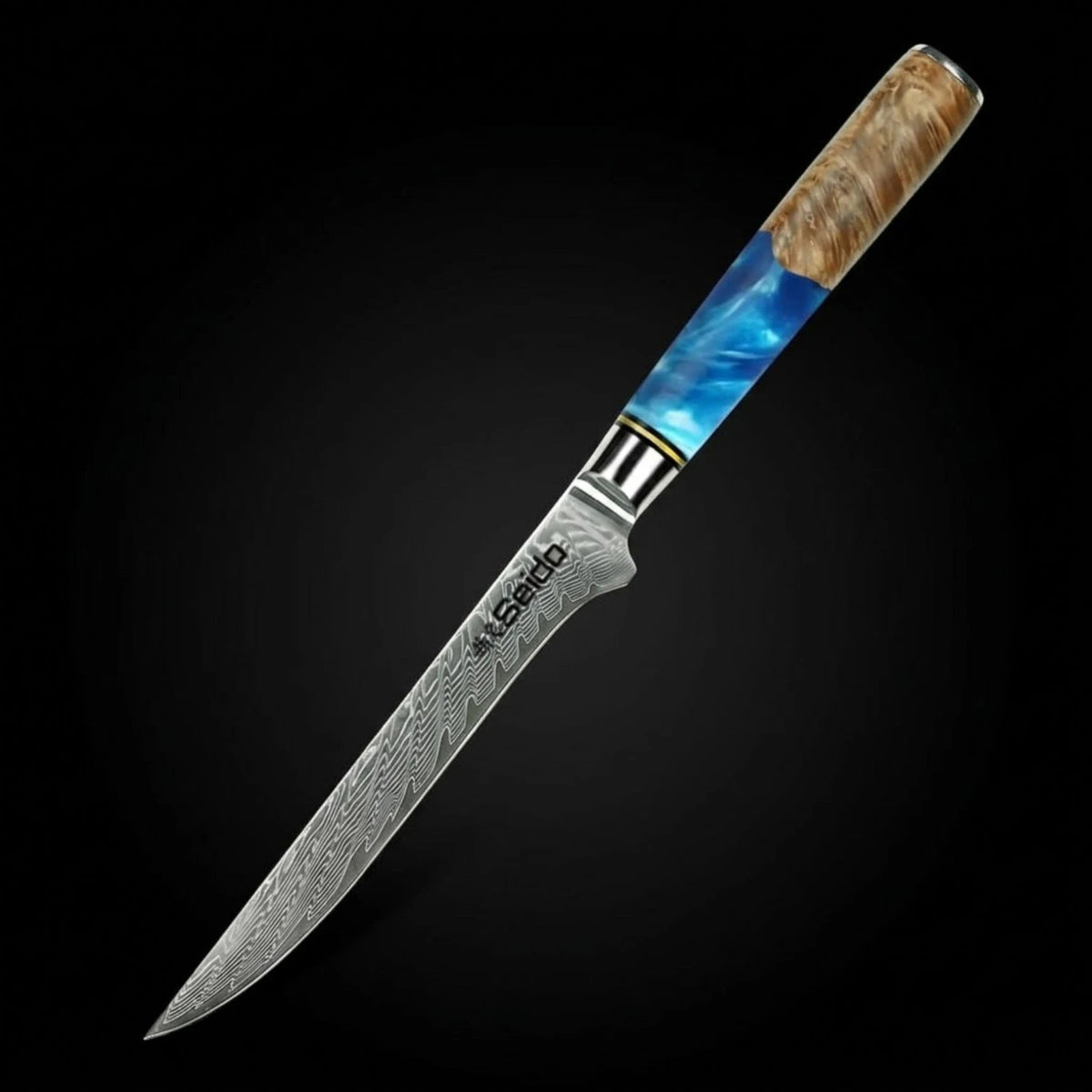 Japanese Damascus Steel Knife Set – Executive 7-Piece VG10, Blue Resin & Wood Handles Forged by Vikings
