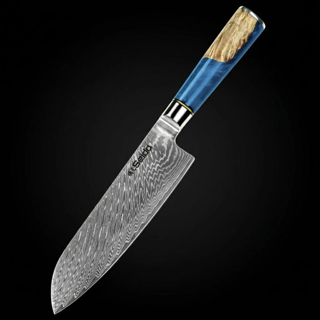 Japanese Damascus Steel Knife Set – Executive 7-Piece VG10, Blue Resin & Wood Handles Forged by Vikings