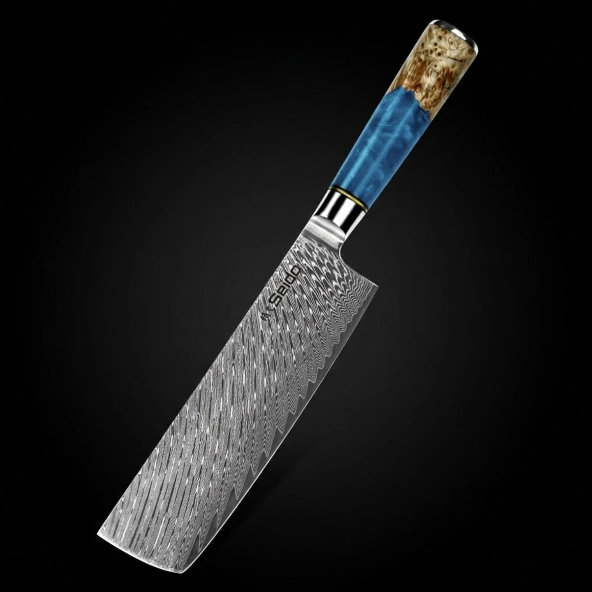 Japanese Damascus Steel Knife Set – Executive 7-Piece VG10, Blue Resin & Wood Handles Forged by Vikings