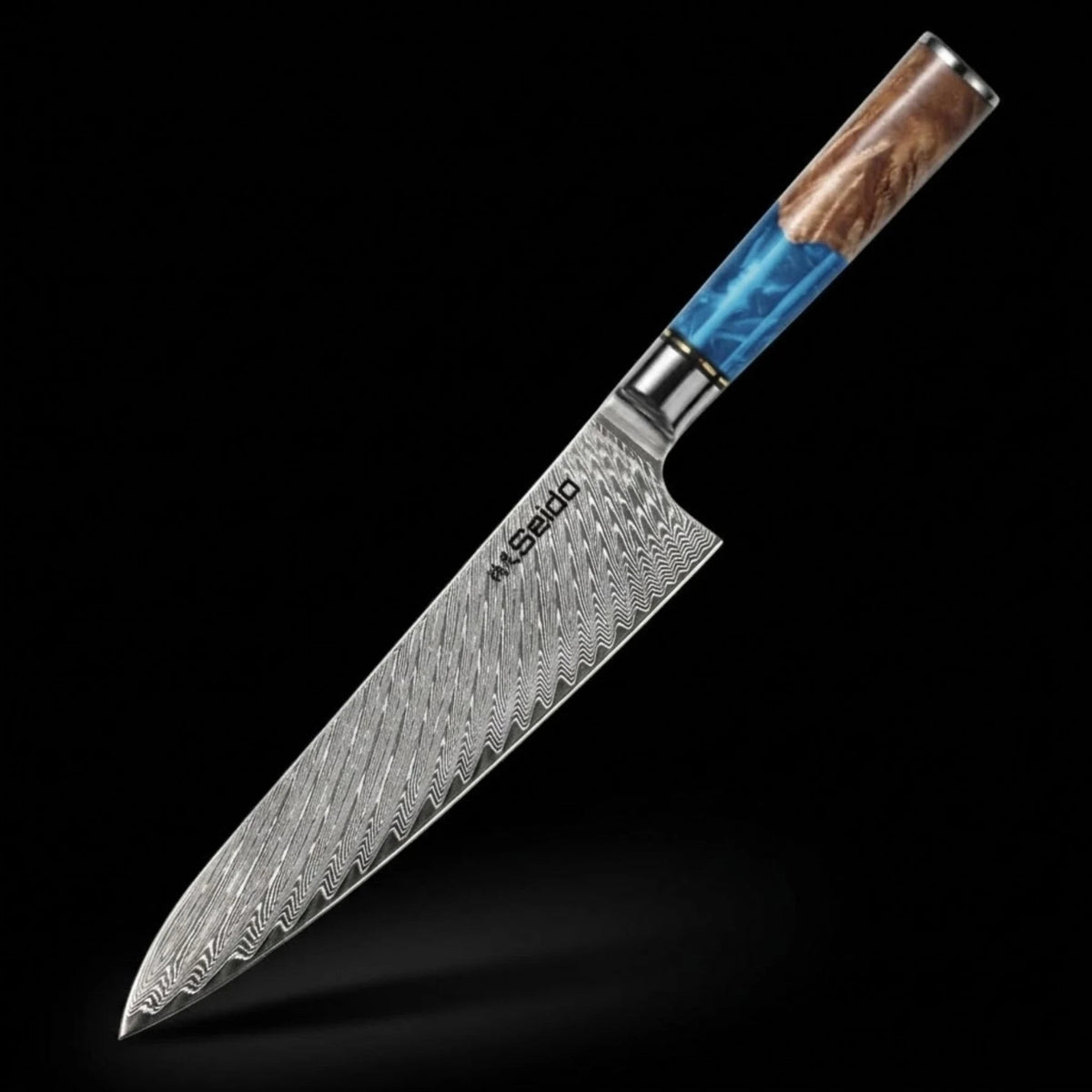 Japanese Damascus Steel Knife Set – Executive 7-Piece VG10, Blue Resin & Wood Handles Forged by Vikings