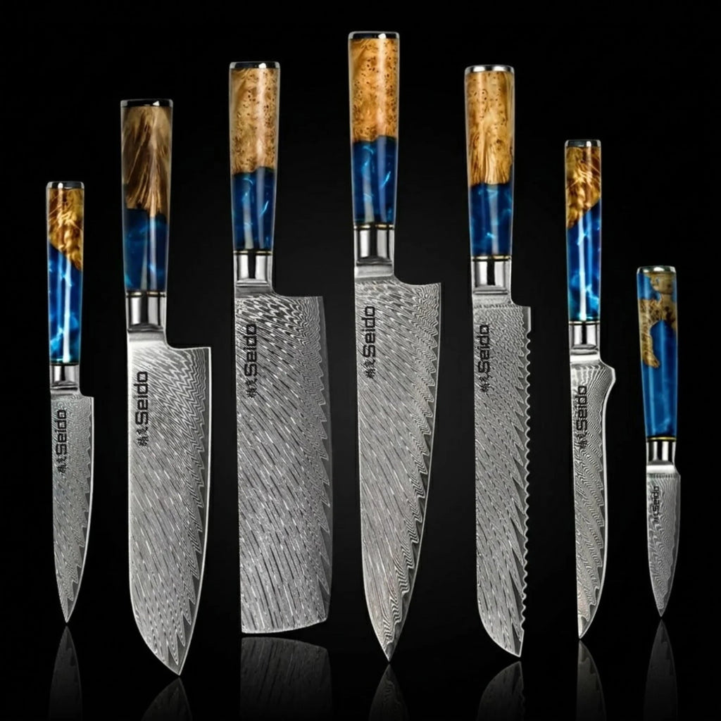 Japanese Damascus Steel Knife Set – Executive 7-Piece VG10, Blue Resin & Wood Handles Forged by Vikings
