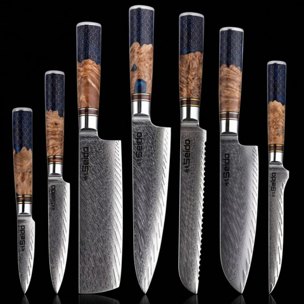 VG10 Damascus Chef Knife Set – Hanikamu 7-Piece with Honeycomb Resin & Wood Handles Forged by Vikings