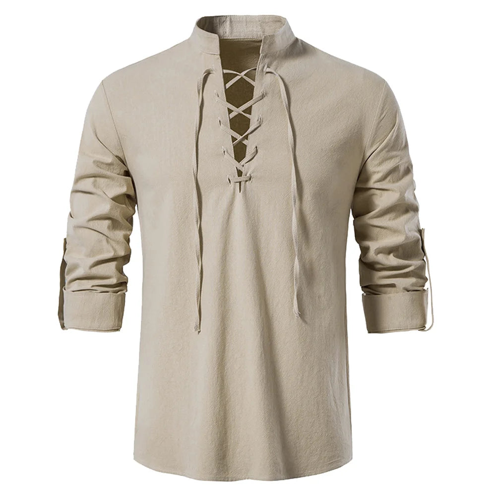 Front view of a men's beige long-sleeve Viking tunic with a lace-up neck design and rolled-up button sleeves, displayed on a white background for US historical reenactment enthusiasts.