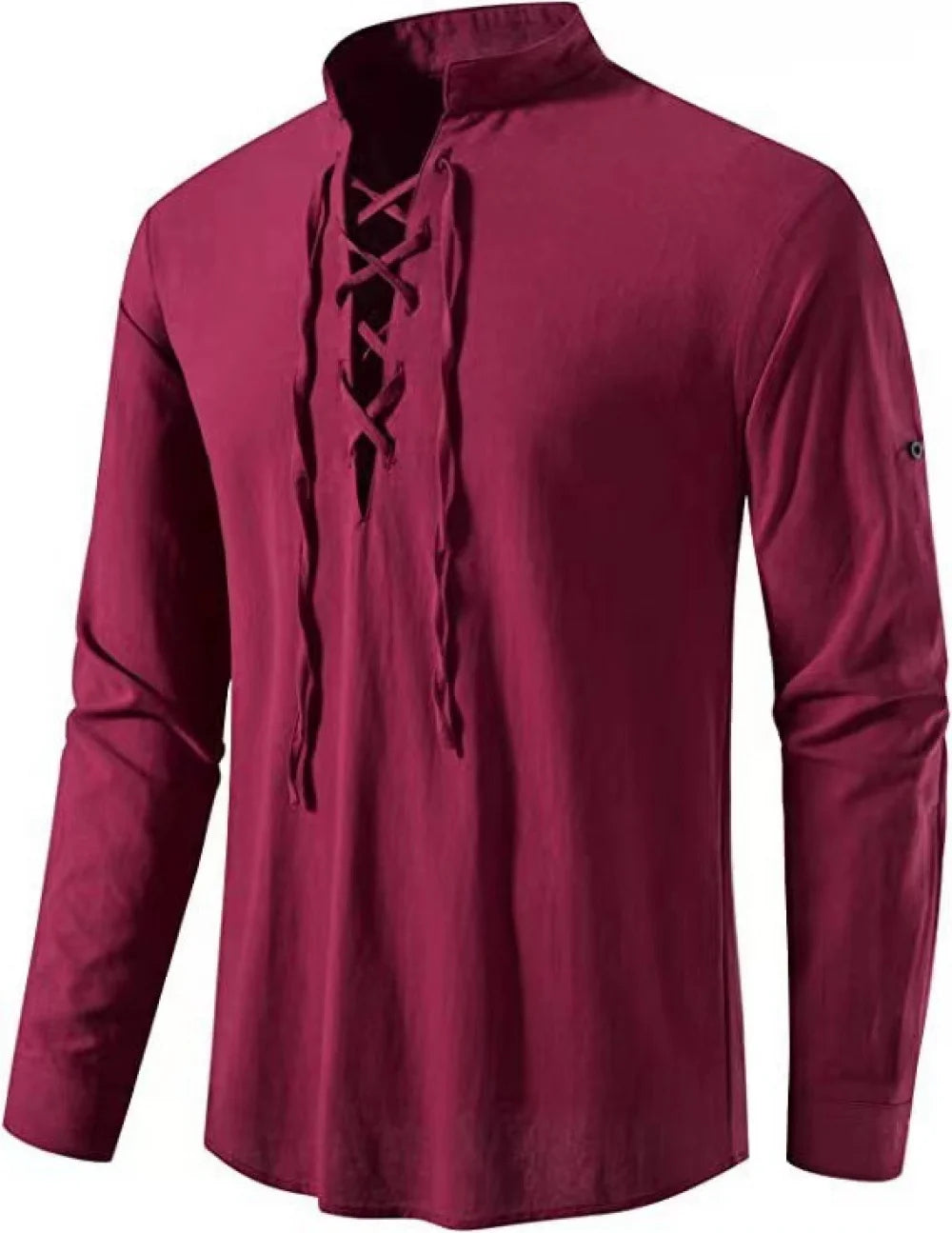 Front view of a men's maroon red long-sleeve Viking tunic with a criss-cross lace-up collar and adjustable button sleeves, displayed on a solid white background for US historical reenactment enthusiasts.