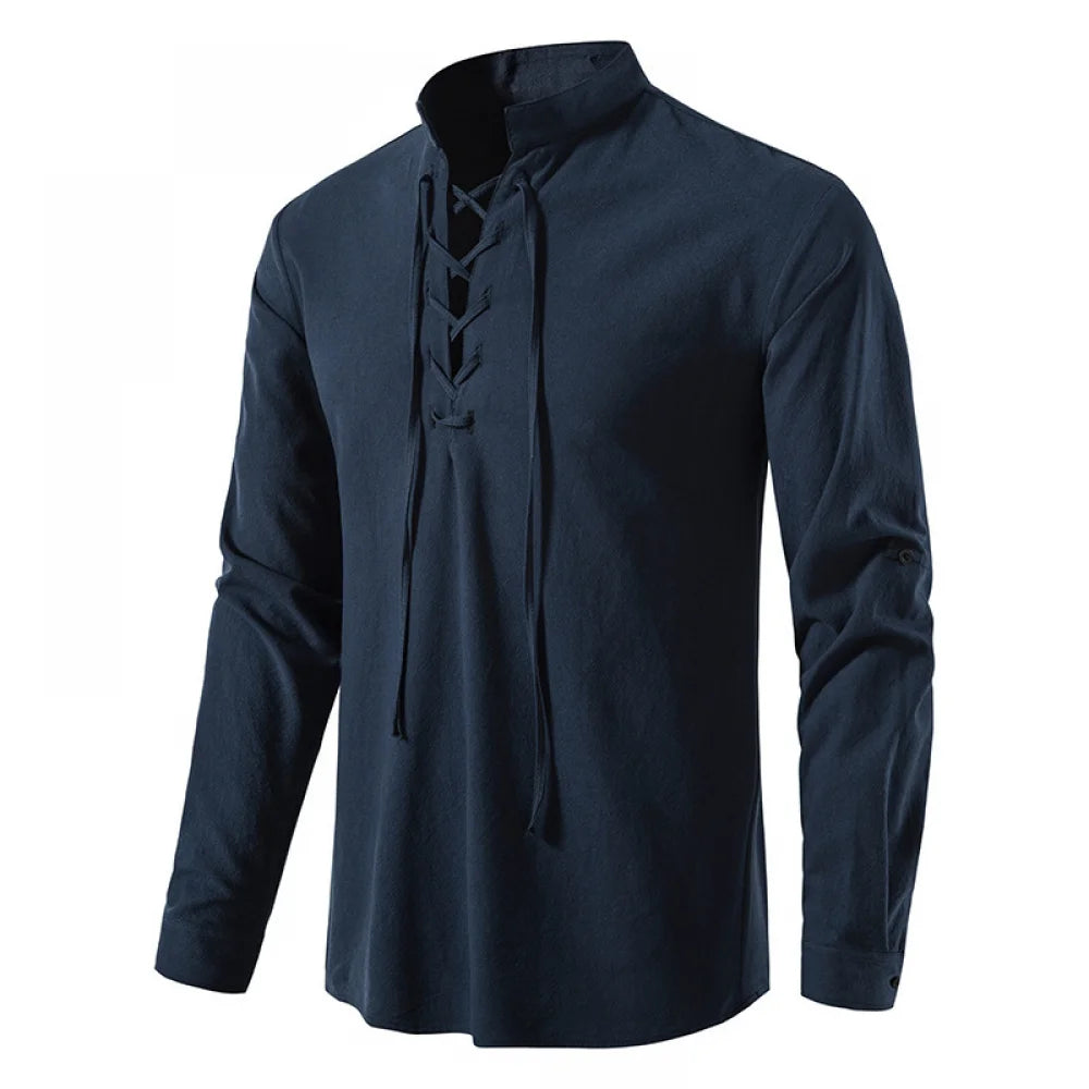 Front view of a men's navy blue long-sleeve Viking tunic with a criss-cross lace-up collar and adjustable button sleeves, displayed on a solid white background for US historical reenactment enthusiasts.