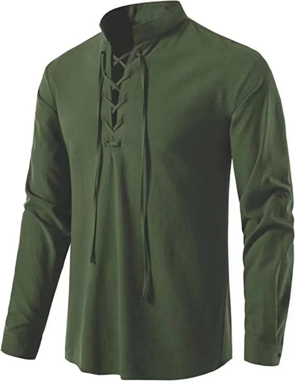 Front view of a men's olive green long-sleeve Viking tunic with a criss-cross lace-up collar and adjustable button sleeves, displayed on a solid white background for US historical reenactment enthusiasts.