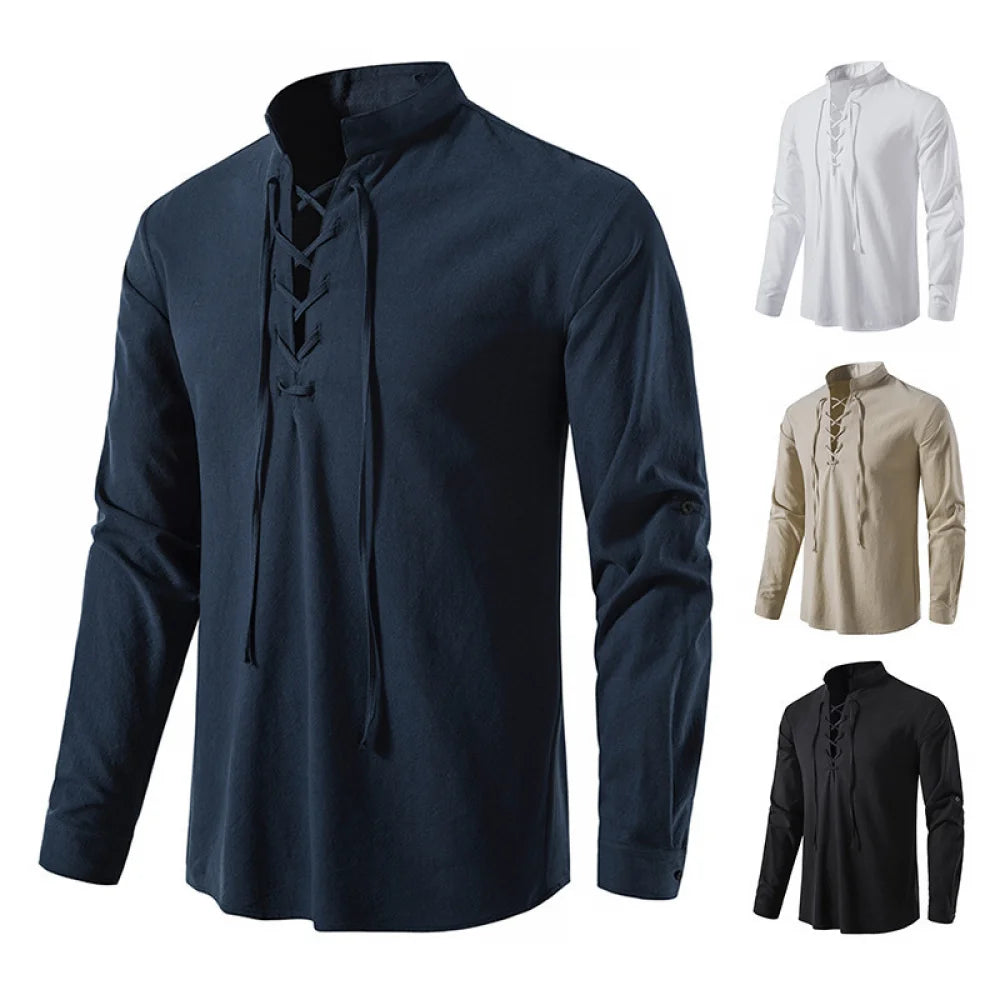 Front view of a men's navy blue lace-up Viking tunic shown alongside thumbnails displaying white, beige, and black color variations on a clean white background for US buyers.