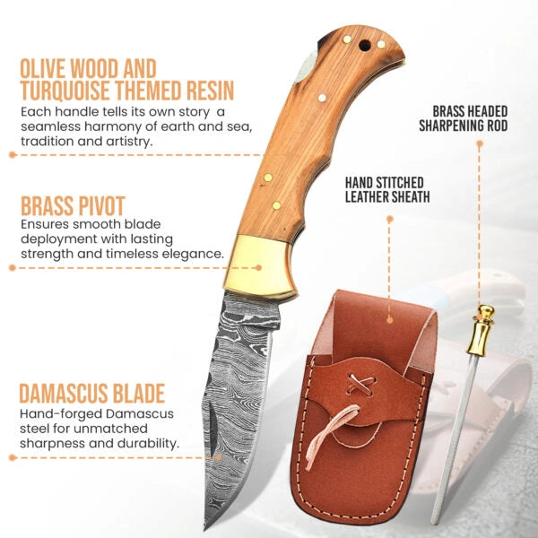 6.5′ Handmade Damascus Steel Pocket Knife with Leather Sheath
