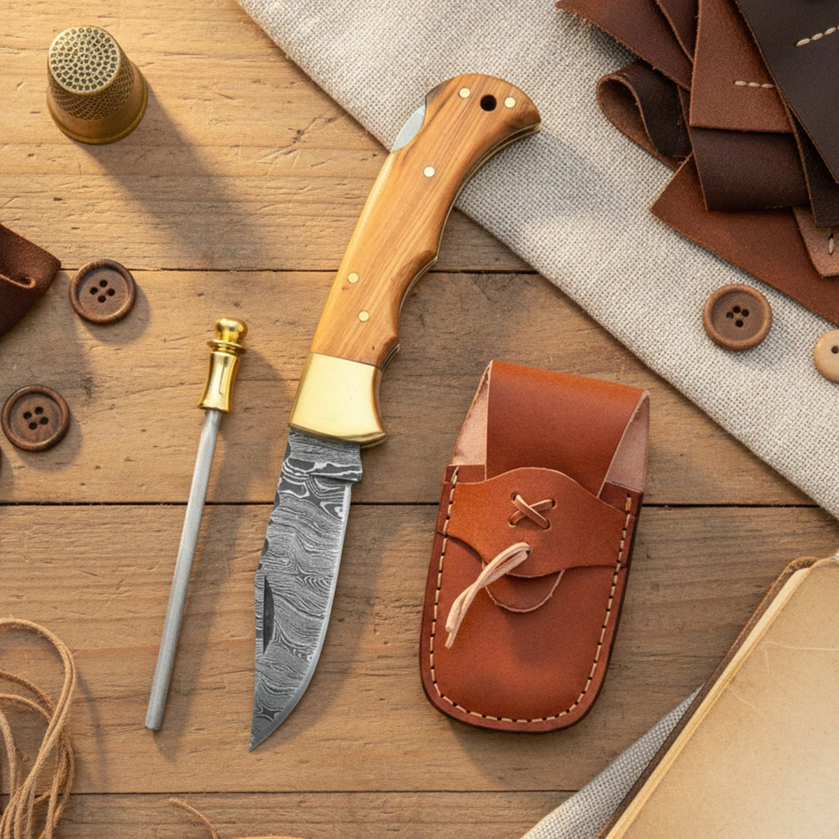 6.5′ Handmade Damascus Steel Pocket Knife with Leather Sheath